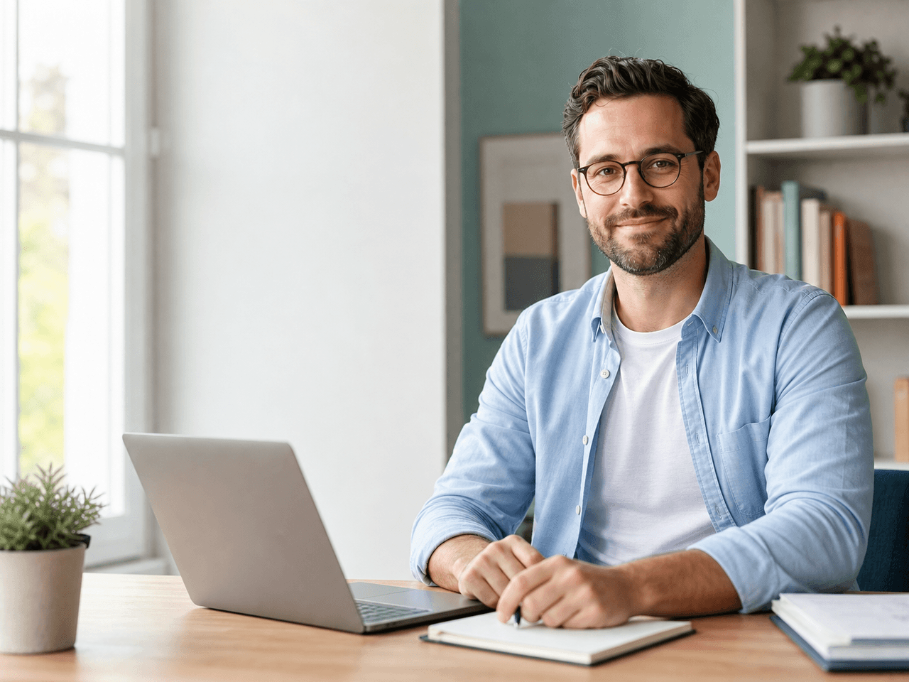 Tutor preparing a professional profile at a home desk.